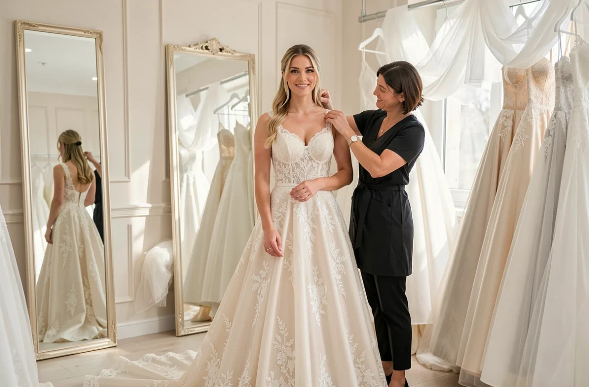 Essayage de robe de mariée chez EG Mariages et Créations dans un atelier bridal élégant