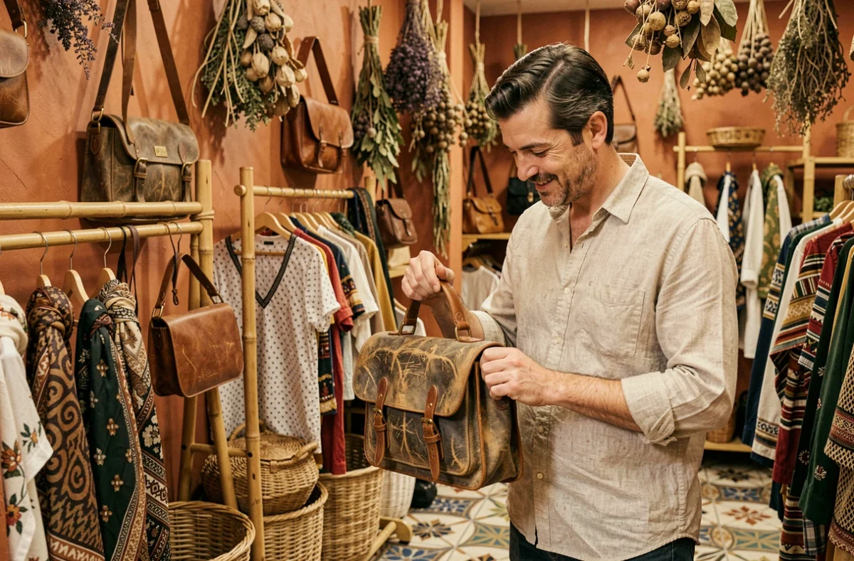 Un homme inspecte un sac en cuir vintage dans l'Elephant Vintage Store à Lyon, boutique à l'esthétique safari avec murs en terre cuite et objets ethniques