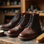 Cuir gras appliqué sur des bottes en cuir marron posées sur un établi d'artisan avec cirage et brosse à poils fins