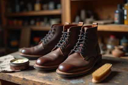 Cuir gras appliqué sur des bottes en cuir marron posées sur un établi d'artisan avec cirage et brosse à poils fins