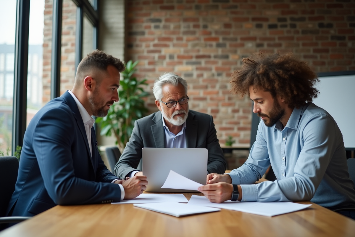 Groupe de professionnels en réunion dans un bureau urbain