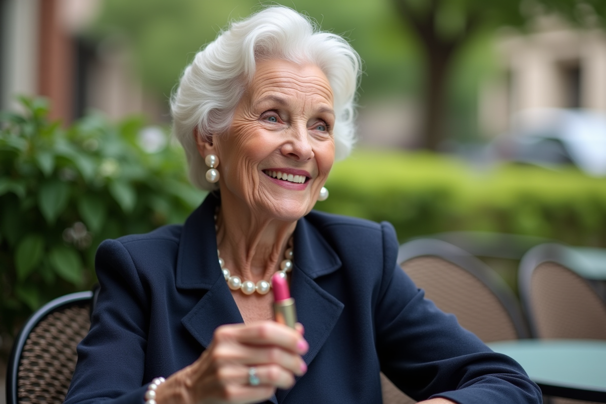 Femme de 70 ans souriante au café dans un jardin en plein air