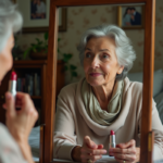 Femme de 70 ans appliquant du rouge à lèvres rose dans un miroir
