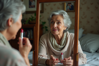 Femme de 70 ans appliquant du rouge à lèvres rose dans un miroir