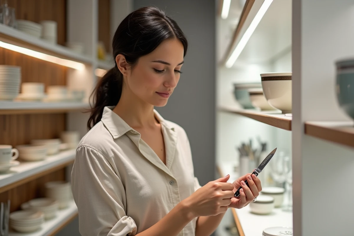 Femme inspectant un couteau Laguiole dans une boutique d'art de la table moderne et épurée