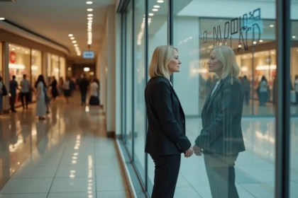 Femme d affaires regardant une vitrine de magasin fermé