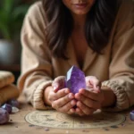 Femme tenant un cristal d'améthyste brut en lithothérapie avec une carte des étoiles sur table en bois