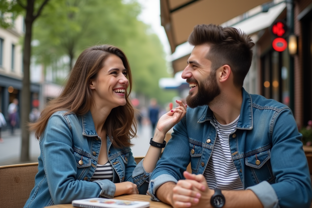 Femme riant avec un ami barbu au café en plein air