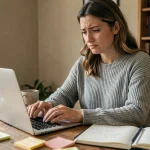 Femme analysant des avis clients en ligne sur un site e-commerce comme Thebradery depuis son bureau à domicile