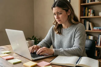 Femme analysant des avis clients en ligne sur un site e-commerce comme Thebradery depuis son bureau à domicile
