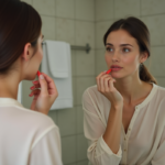 Femme appliquant un rouge à lèvres naturel devant miroir