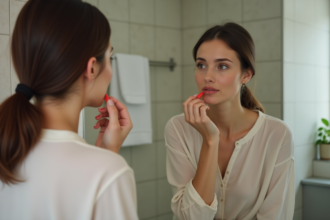 Femme appliquant un rouge à lèvres naturel devant miroir