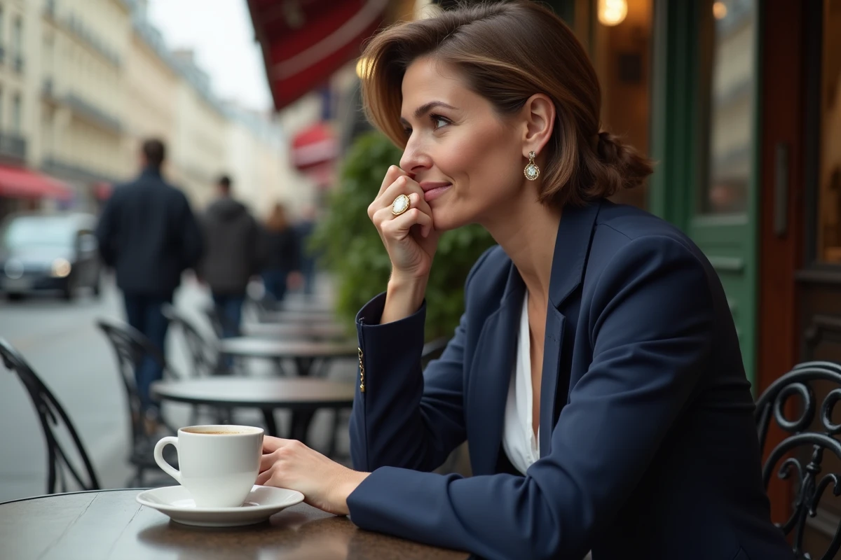 Femme élégante portant une bague en camée dorée dans un café parisien, mode bijoux 2026