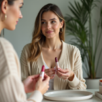 Femme en cardigan beige examinant des rouges à lèvres