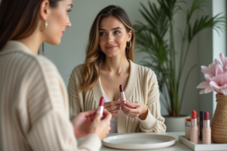 Femme en cardigan beige examinant des rouges à lèvres