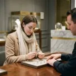 Femme examine des anneaux de fiançailles dans une bijouterie