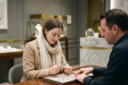 Femme examine des anneaux de fiançailles dans une bijouterie