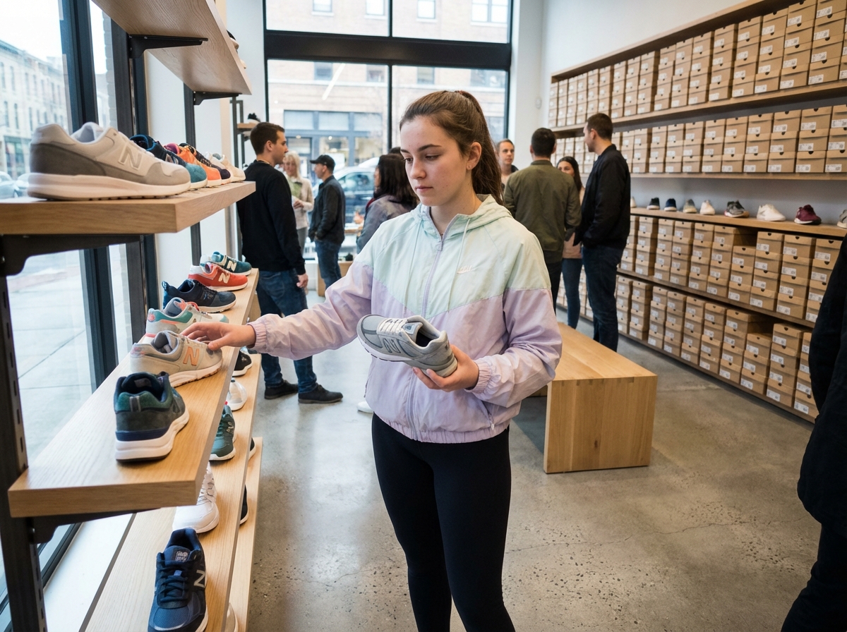 Jeune femme examinant des sneakers dans une boutique moderne