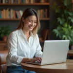 Femme souriante travaillant sur un ordinateur portable dans un café cosy