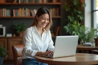 Femme souriante travaillant sur un ordinateur portable dans un café cosy