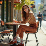 Jeune femme chic assise au café avec chaussettes tendance