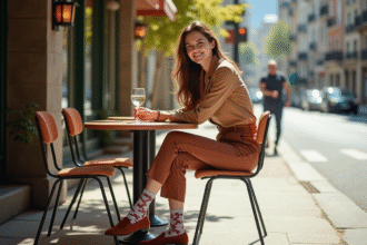 Jeune femme chic assise au café avec chaussettes tendance