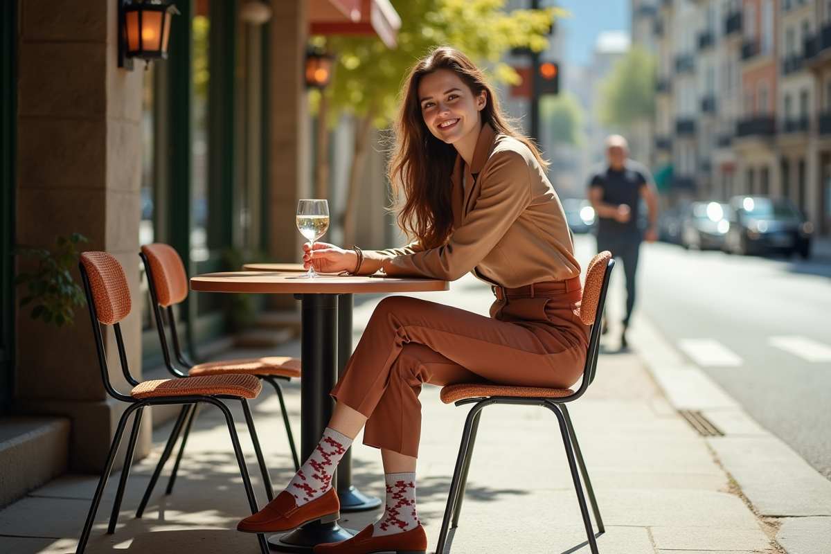 Jeune femme chic assise au café avec chaussettes tendance