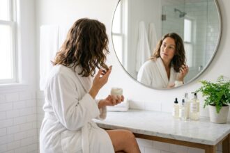 Femme aux cheveux ondulés sans frisottis appliquant une crème coiffante devant un miroir de salle de bain