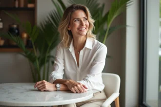 Femme élégante portant une montre en argent dans un café moderne