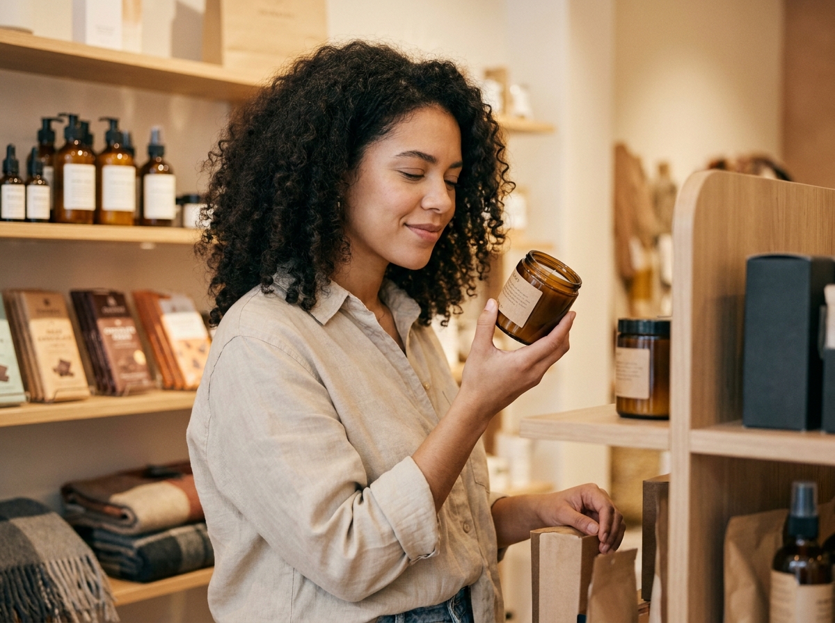 Femme qui choisit un cadeau dans une boutique lifestyle en tenant une bougie artisanale