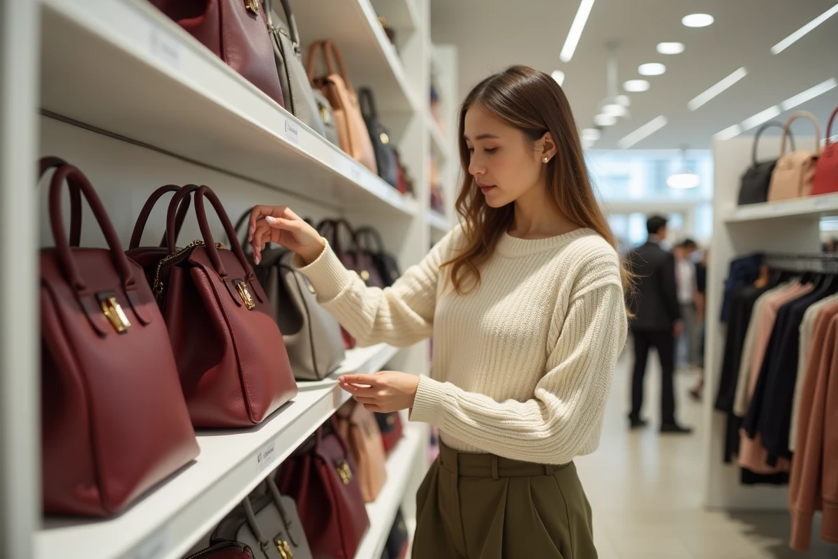 Jeune femme choisissant un sac à main Charm bordeaux dans un magasin discount moderne, illustrant comment trouver des sacs Charm pas cher en boutique en 2026
