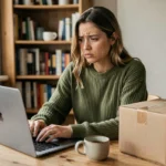 Jeune femme frustrée devant son ordinateur portable avec un colis retourné non récupéré posé sur une table en bois