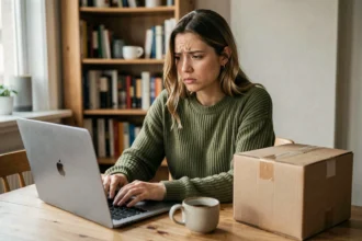 Jeune femme frustrée devant son ordinateur portable avec un colis retourné non récupéré posé sur une table en bois