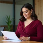 Femme confiante en robe rouge dans un bureau moderne