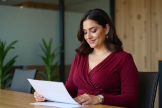 Femme confiante en robe rouge dans un bureau moderne