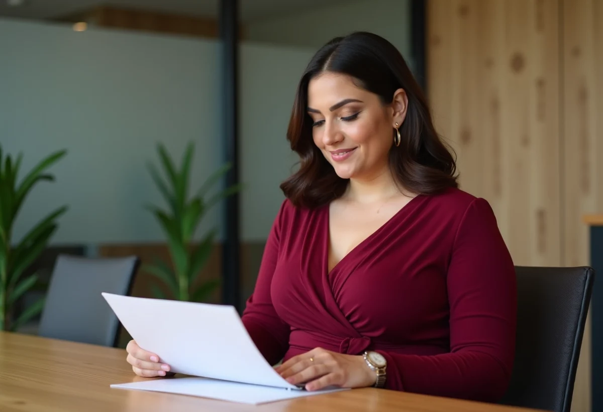 Femme confiante en robe rouge dans un bureau moderne