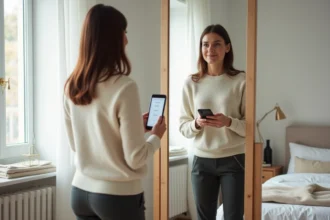 Femme consultant un convertisseur de taille vêtement sur smartphone devant un miroir dans une chambre scandinave