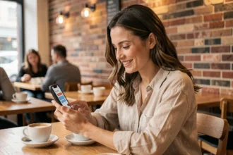Femme consultant un coupon de réduction Zara reçu par newsletter sur son smartphone dans un café moderne