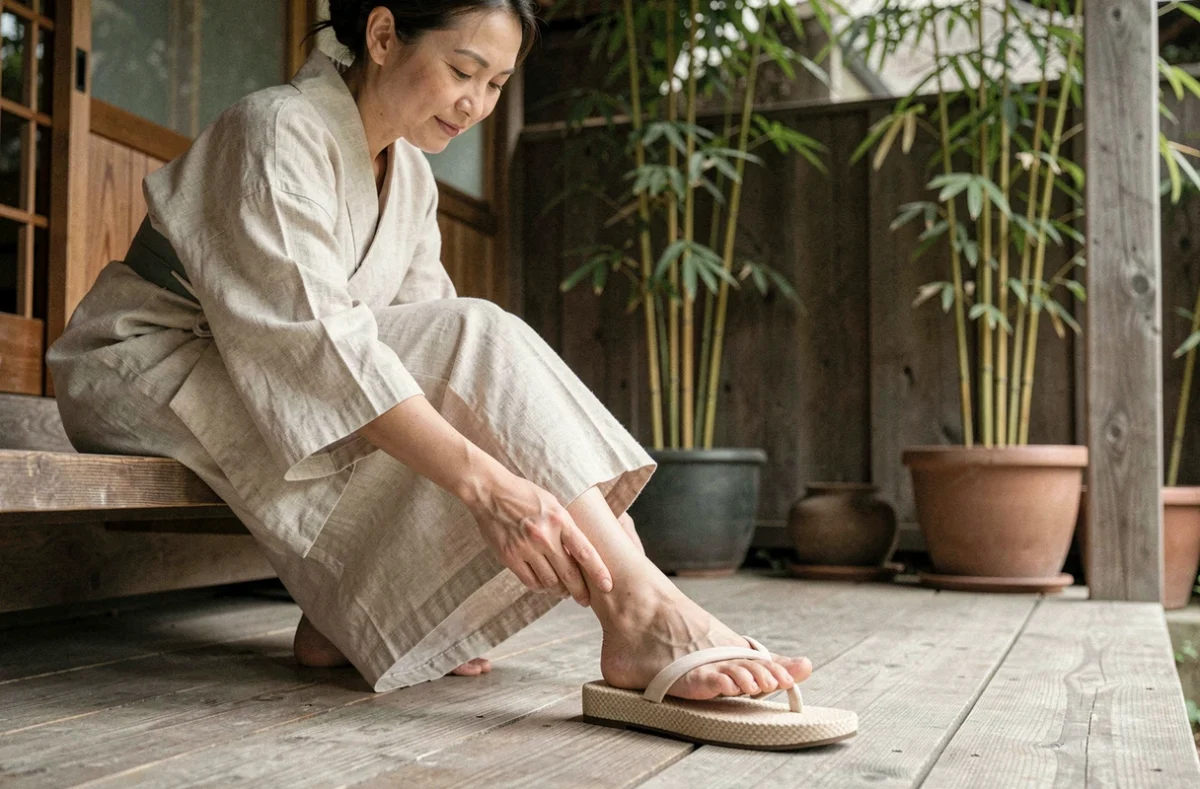 Femme enfilant une sandale zori plate sur une terrasse en bois japonais, gros plan sur le pied et la semelle en tissu tressé adaptée aux pieds sensibles