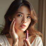 Femme examinant un rouge à lèvres avec une expression interrogative