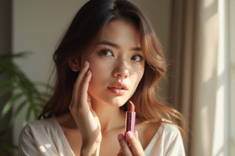 Femme examinant un rouge à lèvres avec une expression interrogative