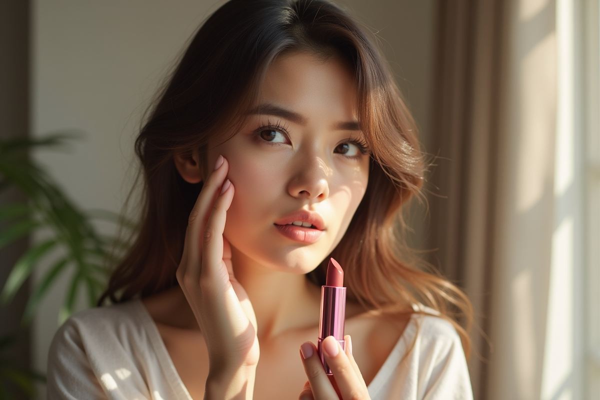 Femme examinant un rouge à lèvres avec une expression interrogative