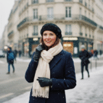 Femme élégante en hiver à Paris avec manteau et beret