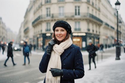 Femme élégante en hiver à Paris avec manteau et beret