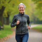 Femme sportive souriante en jogging dans un parc au printemps