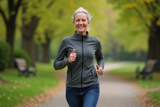 Femme sportive souriante en jogging dans un parc au printemps