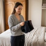 Jeune femme examine lingerie menstruelle dans chambre chaleureuse