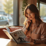 Femme lisant un magazine Vogue dans un café lumineux