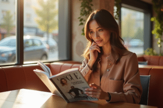 Femme lisant un magazine Vogue dans un café lumineux