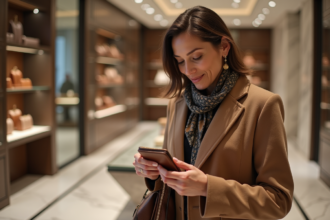 Femme élégante dans une boutique de luxe avec sac à main